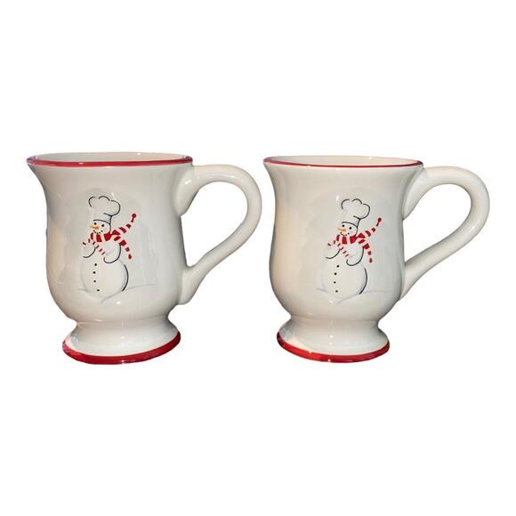 WILLIAMS SONOMA CHRISTMAS SNOWMAN CHEF CERAMIC COFFEE TEA MUG CUP set of 2 - Picture 1 of 7